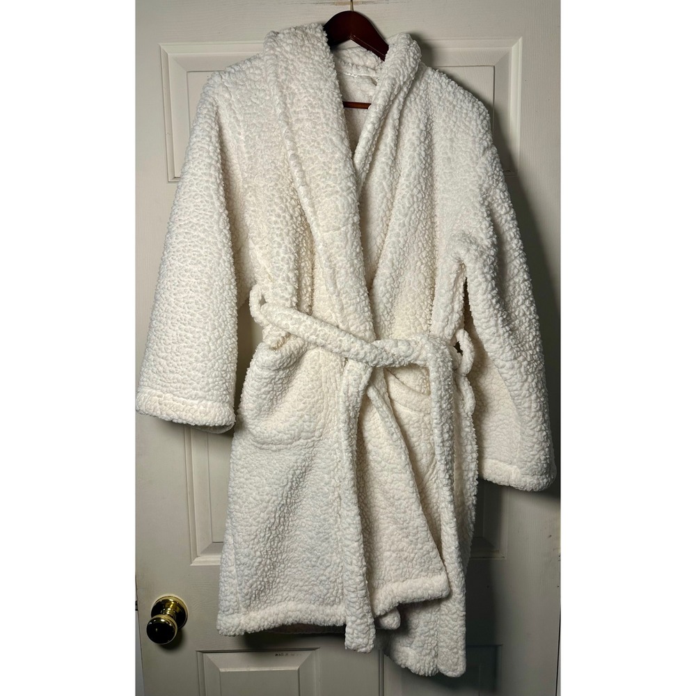 Pottery Barn Plush Robe Teddy‎ Bear Sherpa Fleece Cream White Long Sleeve Small
